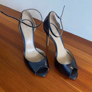 M. Gemi Patent leather dark steel blue peep toe 4.5" heel w ankle strap, size 38